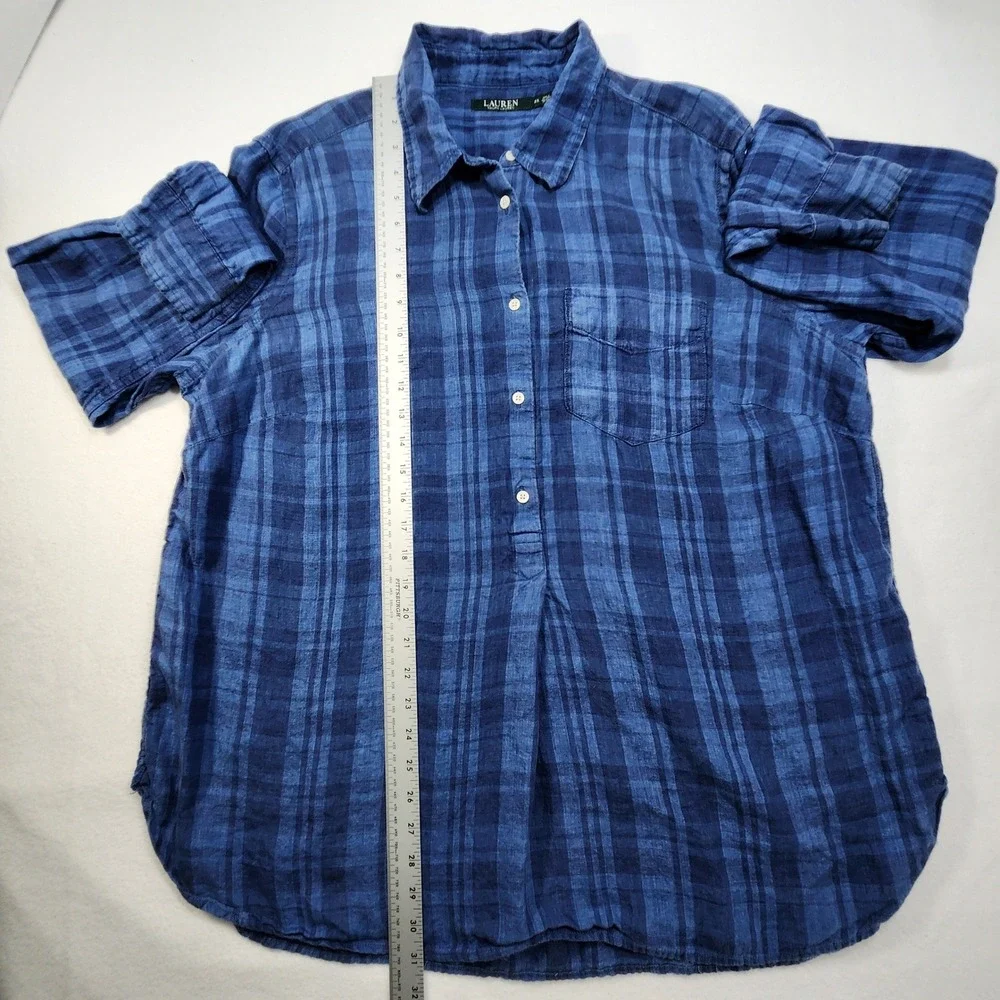 Lauren Ralph Lauren 100% Linen Button Up Tunic Women 2X Blue Plaid Prep Coastal